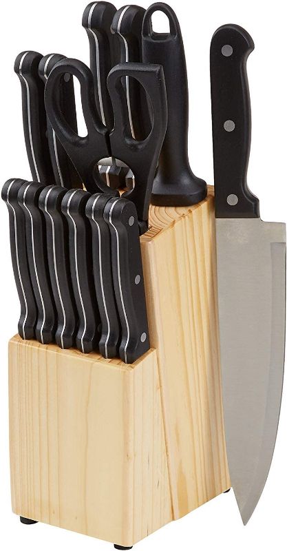 Photo 1 of Amazon Basics 14-Piece Kitchen Knife Set, High-Carbon Stainless-Steel Blades with Pine Wood Knife Block, Black
