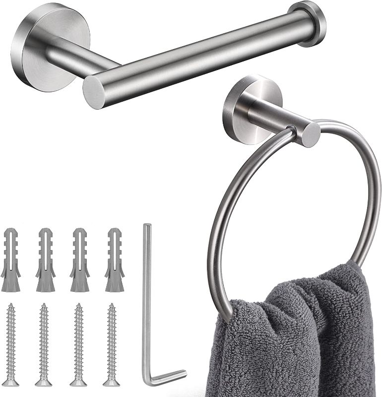 Photo 1 of Brushed Nickel Toilet Paper Holder and Hand Towel Ring Set 2 Pieces Bathroom Hardware Accessories Set SUS 304 Stainless Steel Heavy Duty Wall Mounted Bathroom Holder
