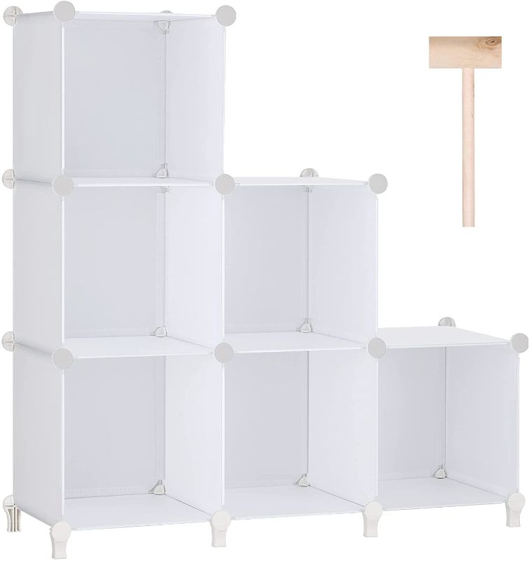 Photo 1 of Closet Storage Shelves with Wooden Mallet DIY Closet Cabinet Bookshelf Plastic Square Organizer Shelving for Home, Office, Bedroom - White
