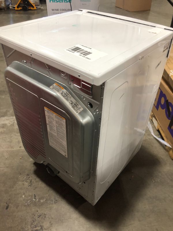 Photo 4 of LG - 7.4 Cu. Ft. Stackable Electric Dryer with FlowSense™ - White, HEAVY DAMAGE, NON FUNCTIONAL AND SOLD FOR PARTS