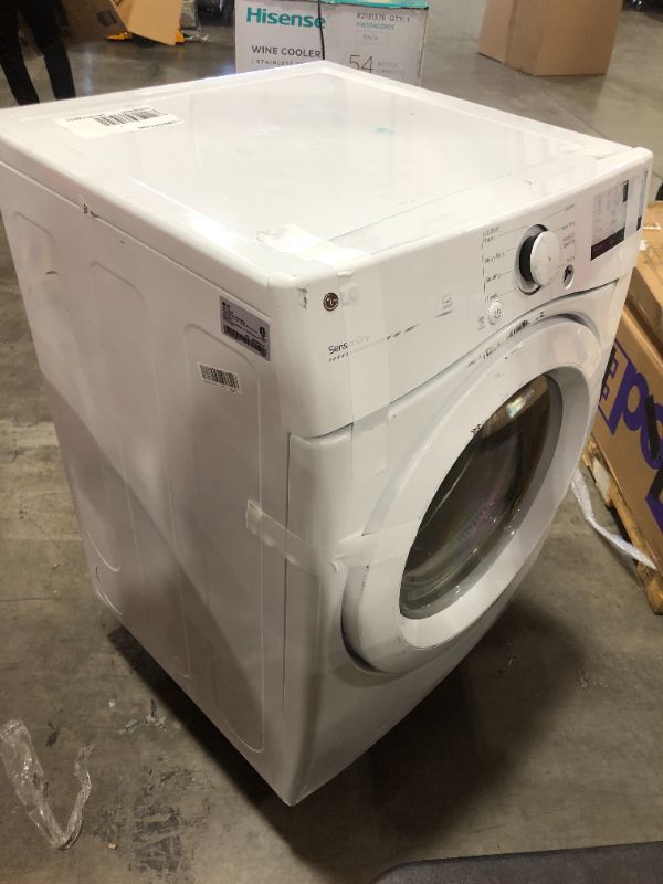 Photo 2 of LG - 7.4 Cu. Ft. Stackable Electric Dryer with FlowSense™ - White, HEAVY DAMAGE, NON FUNCTIONAL AND SOLD FOR PARTS