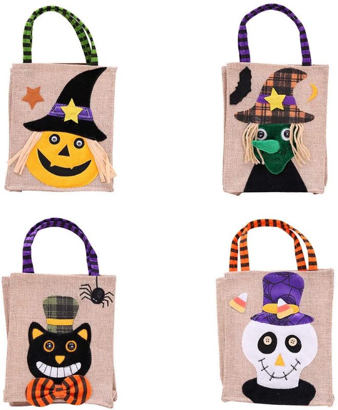 Photo 1 of Halloween Candies Bag Boys Or Girls Trick Or Treat Pumpkin Bags Costume Party Decoration, Pumpkin, Black Cat, Witches, Skull Tote Patch Gift Bags,4 Pack, 2 PACKS
