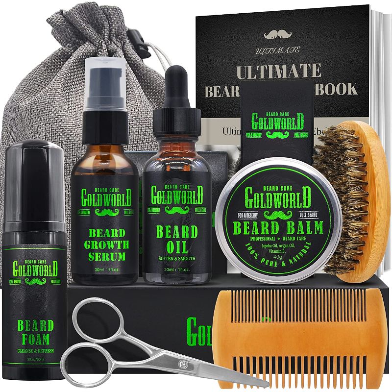 Photo 1 of Beard Kit,Beard Growth Kit,Beard Grooming Kit,w/Beard Foam/Shampoo/Wash,Growth Serum,Oil,Balm Conditioner,Brush,Comb,Mustache Scissor,Storage Bag,E-Book,Beard Care&Trimming