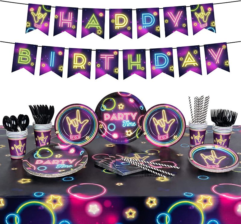 Photo 1 of Decorlife Glow Party Supplies Serves 16, Complete Pack Includes Neon Party Plates Set, Pre-strung Banner, Tablecloth, Total 130pcs