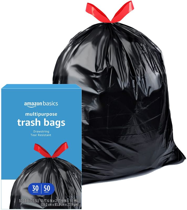 Photo 1 of Amazon Basics Multipurpose Drawstring Trash Bags, 30 Gallon, 50 Count (Previously Solimo)