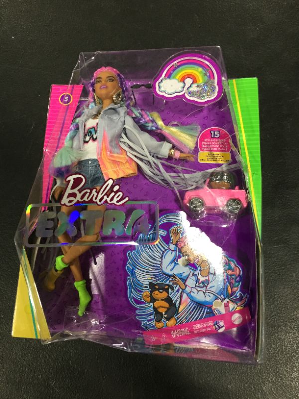 Photo 2 of Barbie Extra Doll #5 in Long-Fringe Denim Jacket with Pet Puppy, Rainbow Braids, Layered Outfit & Accessories Including Car for Pet, Multiple Flexible Joints, Gift for Kids 3 Years Old & Up, 12 inch