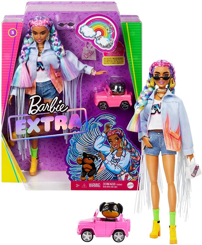 Photo 1 of Barbie Extra Doll #5 in Long-Fringe Denim Jacket with Pet Puppy, Rainbow Braids, Layered Outfit & Accessories Including Car for Pet, Multiple Flexible Joints, Gift for Kids 3 Years Old & Up, 12 inch