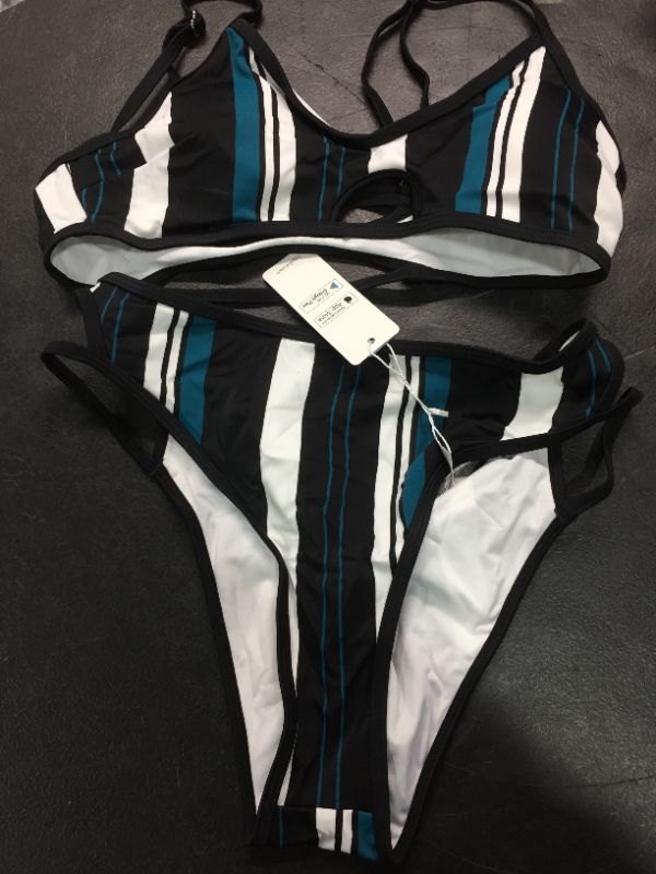 Photo 2 of Blue White And Black Striped Bikini
size L