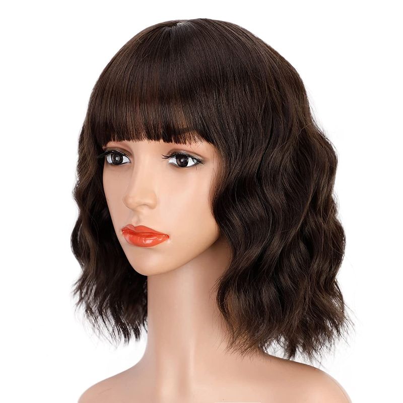 Photo 1 of ENTRANCED STYLES Dark Brown Wig with Bangs Short Bob Wig Shoulder Length Womens Wig Pastel Brown Realistic Wigs for Women Heat Resistant Synthetic Wig Daily Use 12”