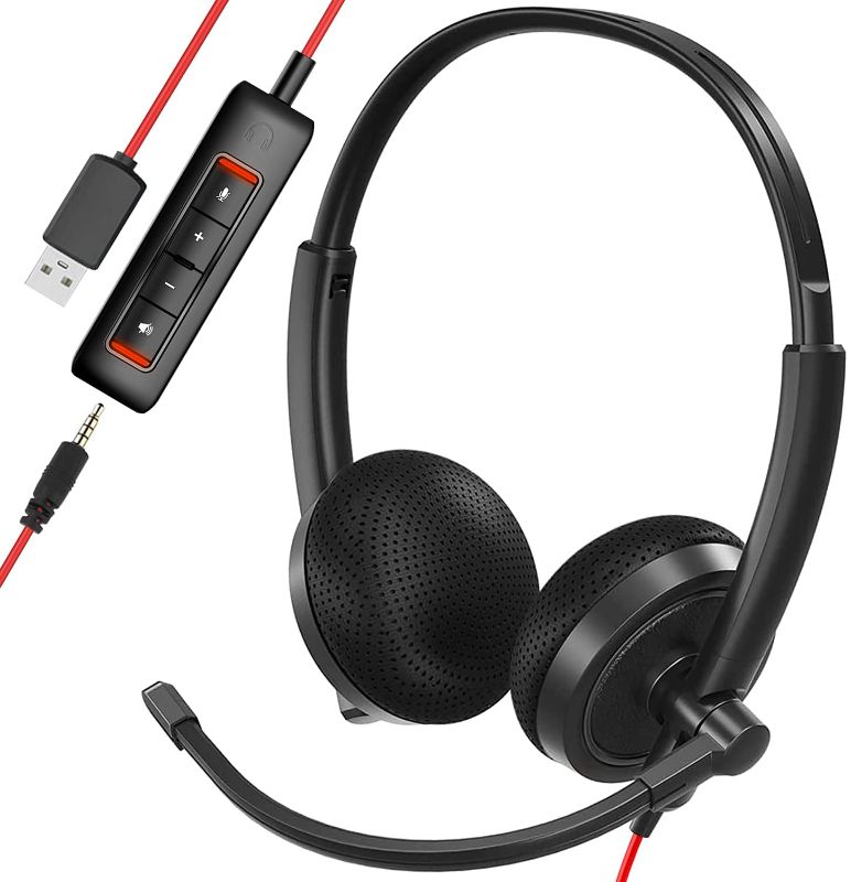 Photo 1 of USB Headset, HROEENOI Noise Cancelling Headphones with Microphone, PC Headset Wired for Computer/Mac/Laptop, with USB+3.5mm Jack, in-line Controls for Office Home Business