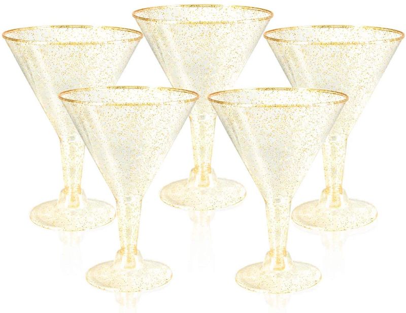 Photo 1 of 24 Pack Gold Glitter Plastic Martini Glasses - 6.25oz Disposable Cocktail Glasses - Plastic Margarita Glasses Perfect for Wedding And Parties