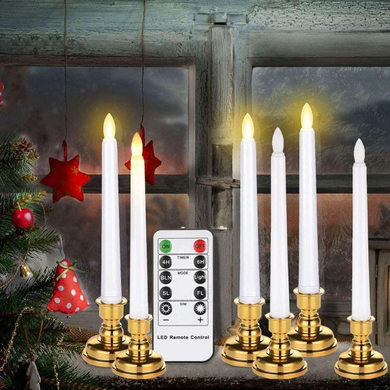 Photo 1 of 7.9 Inch Flameless Christmas Taper Window Candles with Remote Timers, 6 Packs Battery Operated Led Flickering Electric Candles with Realistic Flame Warm Lights for Home Party Holiday Decorations