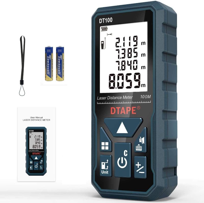 Photo 1 of Laser Measure, DTAPE 328 Feet Digital Laser Tape Measure M/In/Ft Unit switching Backlit LCD and Pythagorean Mode, Measure Distance, Area and Volume - Hand Strap and Battery Included DT100