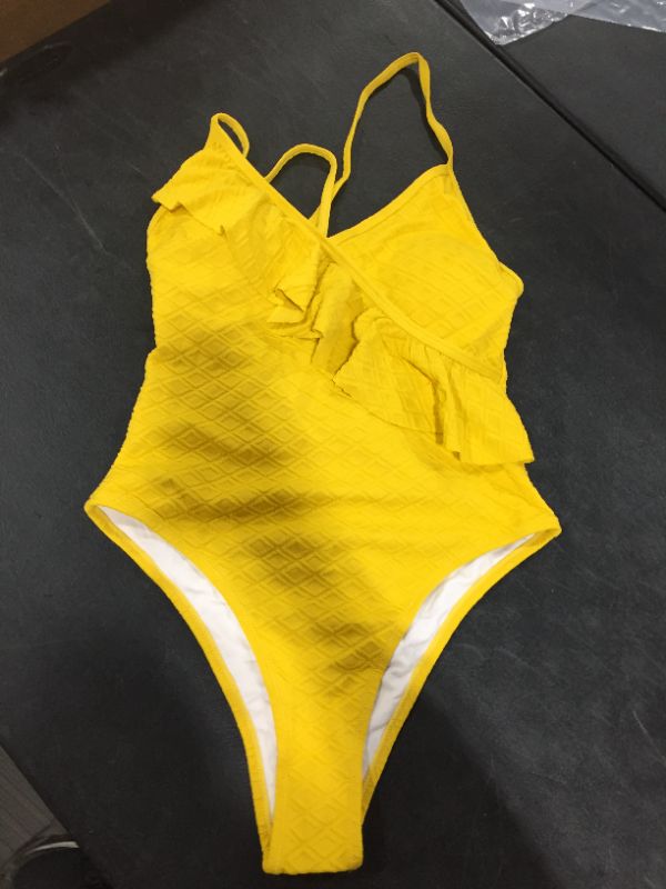 Photo 2 of Yellow Ruffle Lace Up Back One-Piece Swimsuit Lg