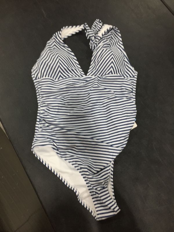 Photo 2 of Blue And White Stripe Halter One Piece Swimsuit Lg