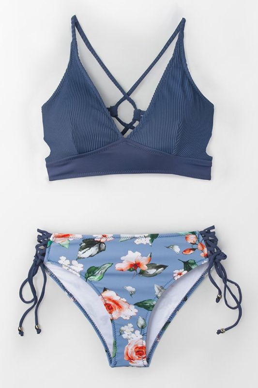 Photo 1 of Blue And Floral Lace-Up Bikini Med