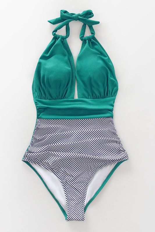Photo 1 of Aqua Textured And Striped Halter One Piece Swimsuit Sm