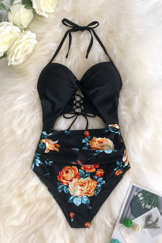 Photo 1 of Black Floral Print Halter One Piece Swimsuit Lg
