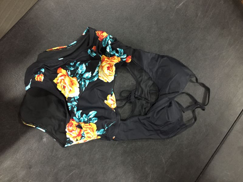 Photo 2 of Black Floral Print Halter One Piece Swimsuit Lg