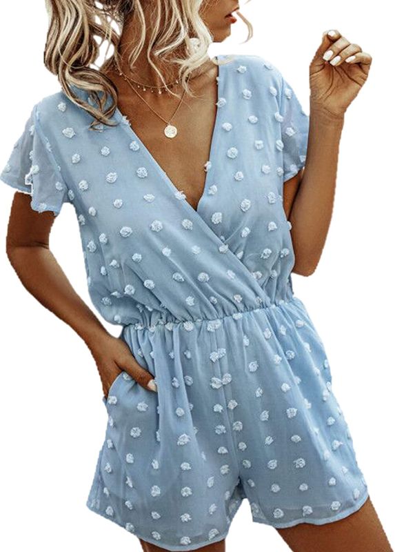 Photo 1 of Angashion Women’s Rompers-Summer Deep V Neck Wrap Floral Polka Dot Short Sleeve Beach Short Jumpsuit Med