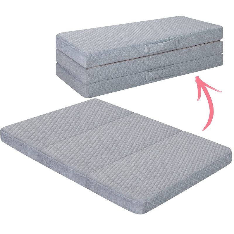 Photo 1 of Pack n Play Mattress, Trifold Pack and Play Mattress Pad for Baby Sleeping, Foldable Playard Mattresses, Toddler Travel Playpen Mattress, Portable Crib Mattresses Nap Mat, Gray 38x26 inch