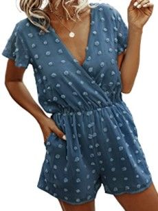 Photo 1 of BTFBM Women Fashion Wrap V-Neck Swiss Dot Print Soft Short Sleeve Elastic Waist Plain Summer Shorts Jumpsuit Romper
Lg