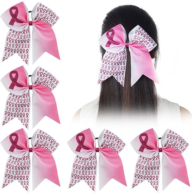Photo 1 of Breast Cancer Awareness Cheer Bow Glitter Hair Tie Ponytail Holder for Baby Girls Set of 5