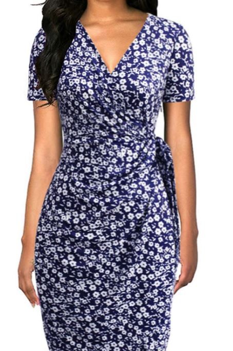Photo 1 of LYRUR WOMEN'S CLASSIC V-NECK CASUAL PARTY KNEE LENGTH SHEATH WORK SHORT SLEEVE FAUX BLACK WRAP DRESS Size M