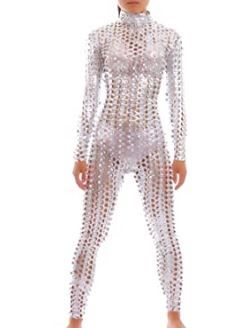 Photo 1 of Seeksmile Unisex Hollow-Carved Shiny Dancewear Catsuit Bodysuit Size XXL 