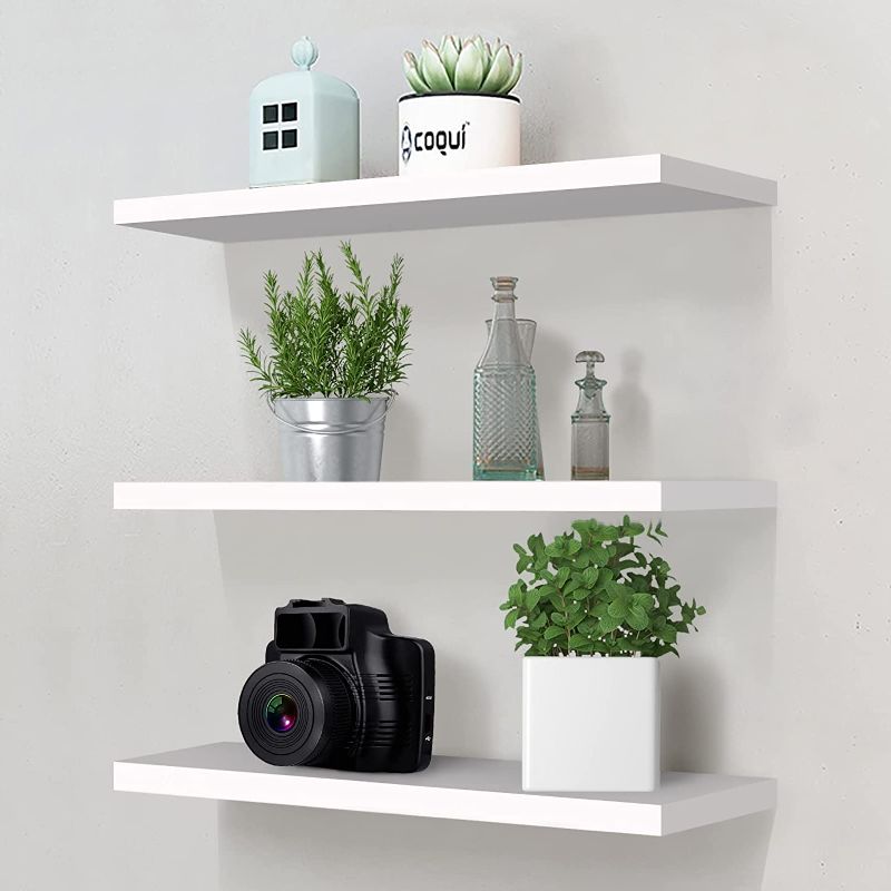 Photo 1 of Floating Wall Shelves White,Set of 3 Photo Ledge Wall Mounted Floating Shelves Decorative Rack Shelf, Modern Decor 3 Tier Storage Shelving for Office, Kitchen, Bedroom, Bathroom (White)
