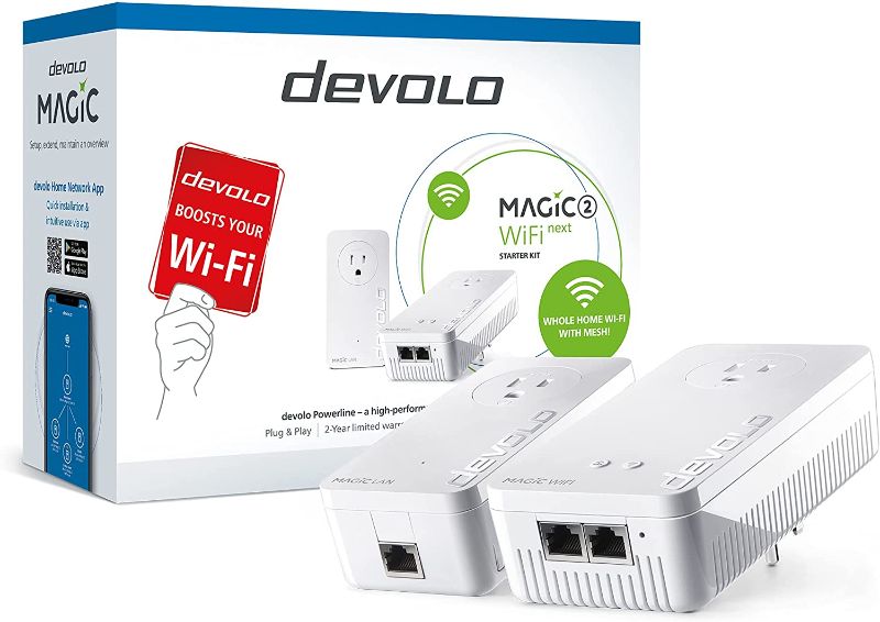 Photo 1 of devolo Magic 2 WiFi next Powerline Starter Kit | Mesh Wi-Fi AC | 2000 Mbps | G.hn Wave 2 | Multi-User MIMO | 2 Passthrough Adapters | 3x Gb LAN Ports [2+1] | Plug & Play | Best for smart devices
