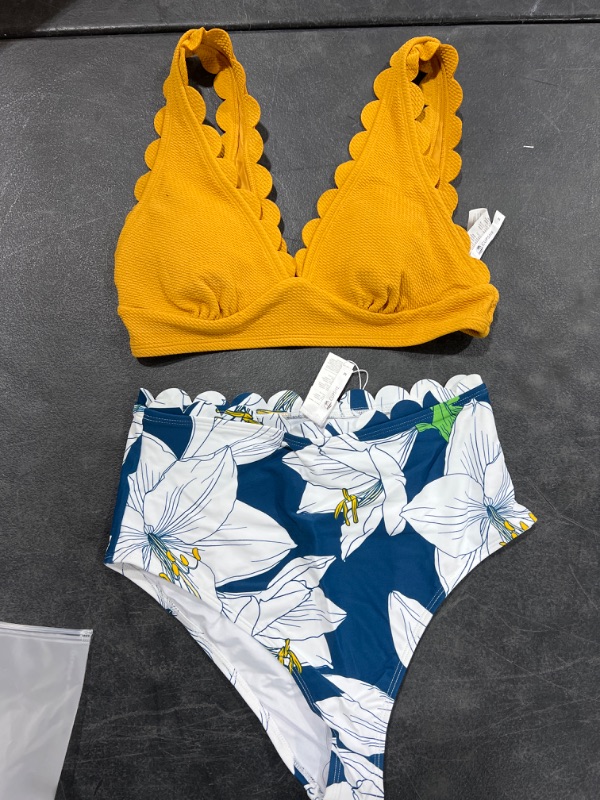 Photo 1 of Yellow and Floral V-Neck Scalloped Bikini