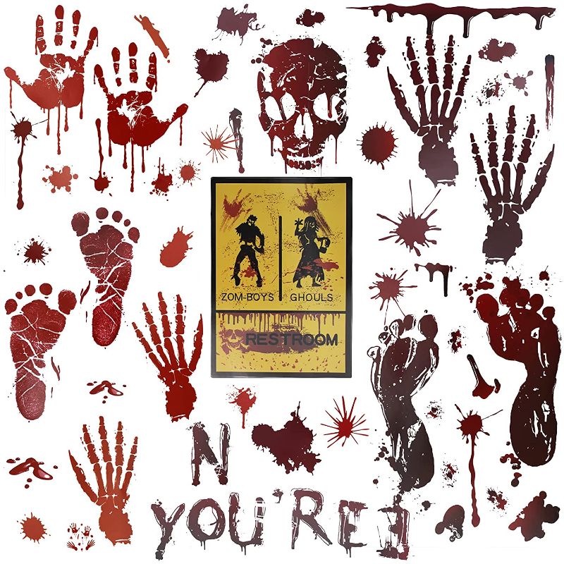 Photo 1 of 122PCS Bloody Footprints Floor Clings,Halloween Decorations Indoor with Handprint Spooky Skull Restroom Sign for Wall Window Bathroom,Zombie Vampire Party Decorations
