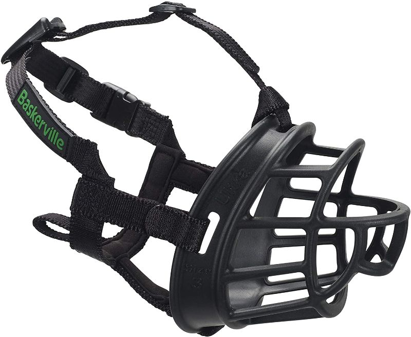 Photo 1 of Baskerville Ultra Dog Muzzle Dogs, Prevents Chewing and Biting, Basket Allows Panting and Drinking-Comfortable, Humane, Adjustable, Lightweight, Durable, 6 Sizes, Black
