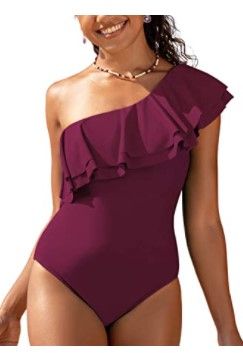 Photo 1 of Hilor Women's One Shoulder Swimwear Asymmetric One Piece Swimsuits Ruffled Bathing Suits Size 14 
