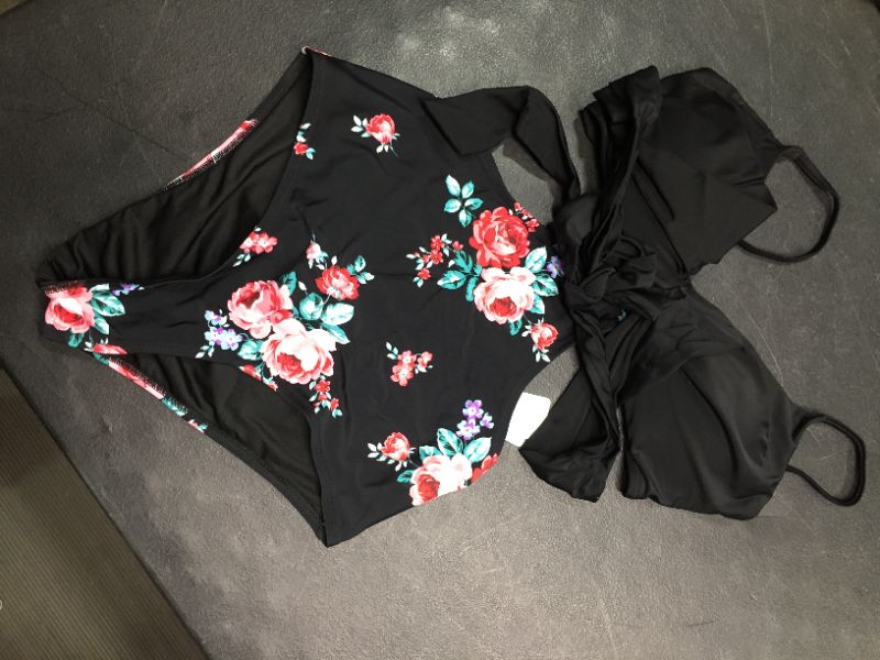Photo 1 of Black And Floral Wrap Cutout One Piece Swimsuit Med