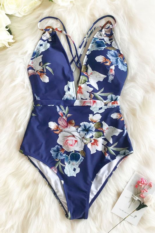 Photo 1 of Blue Floral Strappy One Piece Swimsuit Small