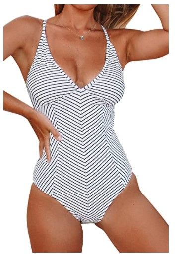 Photo 1 of CUPSHE Women's Black White Stripe Crisscross V Neck One Piece Swimsuit XL
