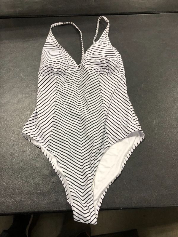 Photo 2 of CUPSHE Women's Black White Stripe Crisscross V Neck One Piece Swimsuit XL
