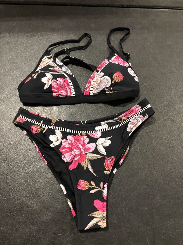 Photo 1 of Cupshe Mercy Black Floral Triangle Low Waisted Bikini Medium 
