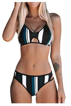 Photo 1 of Cupshe CUPSHE Women's Bikini Set Striped Adjustable Strap Bikini Cutout Two Piece Swimwear Bathing Suits Large 
