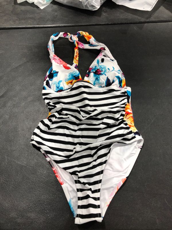 Photo 1 of  CUPSHE Bold Floral and Stripe Halter One Piece Swimsuit 