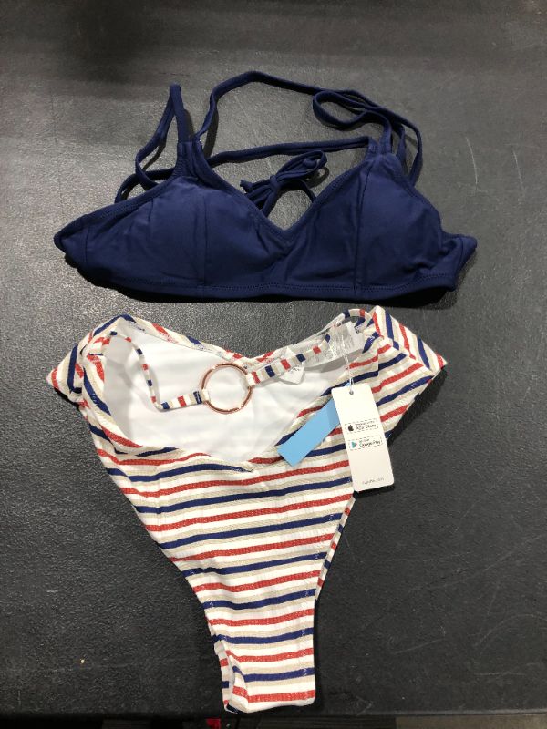 Photo 1 of Cupshe 2 piece bikini set Blue Top and Stripped Bottom Medium