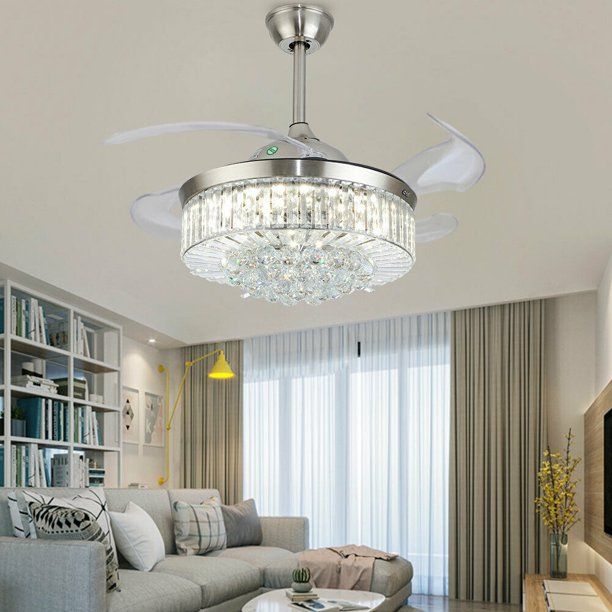 Photo 1 of WUZSTAR Ceiling Fan With Light 36" LED Crystal Retractable 3-Color Chandelier w/Remote
