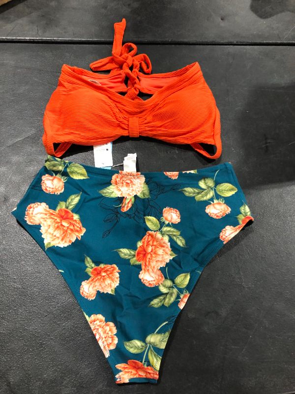 Photo 1 of Cupshe 2 Piece Bikini Set Orange Top with Green with Floral Pattern Bottoms XXL