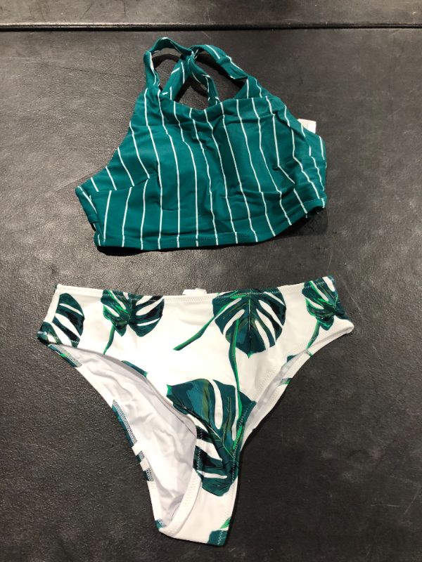 Photo 2 of Cupshe Teal Stripe And Leaves Print Bikini Medium 
