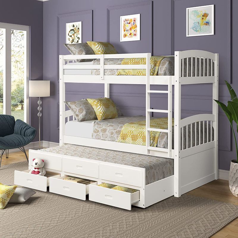 Photo 1 of *Box 3 of 3* Multifunctional Loft Bed Twin Over Twin Wood Bunk Bed with Trundle and Drawers White *Box 3 of 3*

