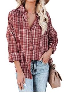 Photo 1 of Dokotoo Womens Classic Plaid Color Block Button Down Boyfriend Long Sleeve  Top SIZE S
