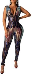 Photo 1 of Aro Lora Women's Sexy V Neck Sequin Mesh Bodycon Long Pants Party Jumpsuits Rompers size s
