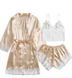 Photo 1 of DIDK Women's Lace 3 Piece Satin Robe and Pajama Set with Robe Camisole Sleep Shorts Champagne White XXL
